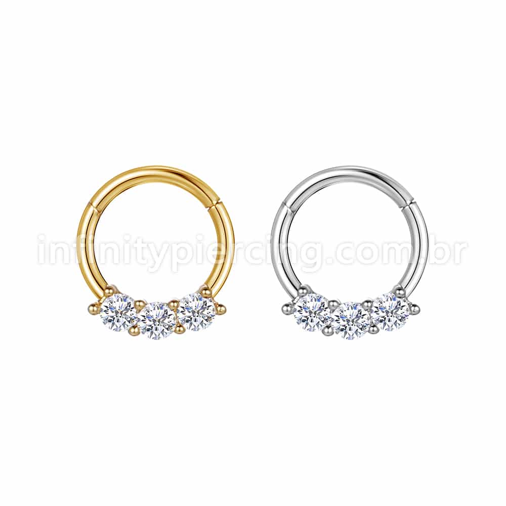 Piercing Argola Segmento Articulado Aço Cirurgico 3 Pedras
